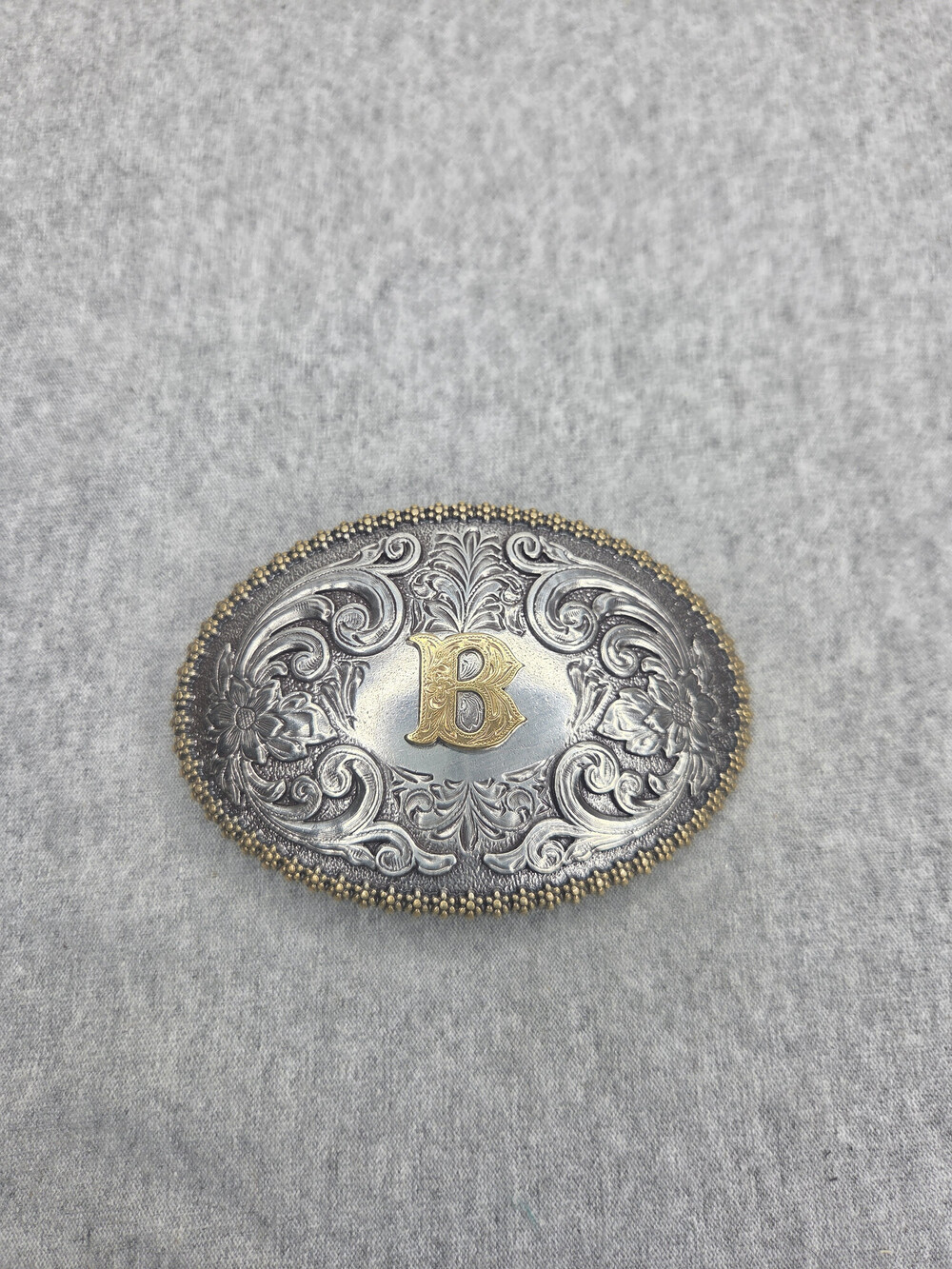 Nocona Oval Initial B Belt Buckle Antique Silver Gold Berry Edge Floral
